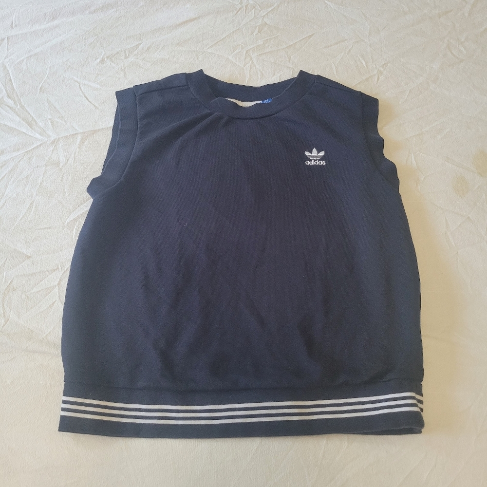 Adidas Cropped Sweatshirt Top Sleeveless Navy Blue Trefoil Logo Track Streetwear